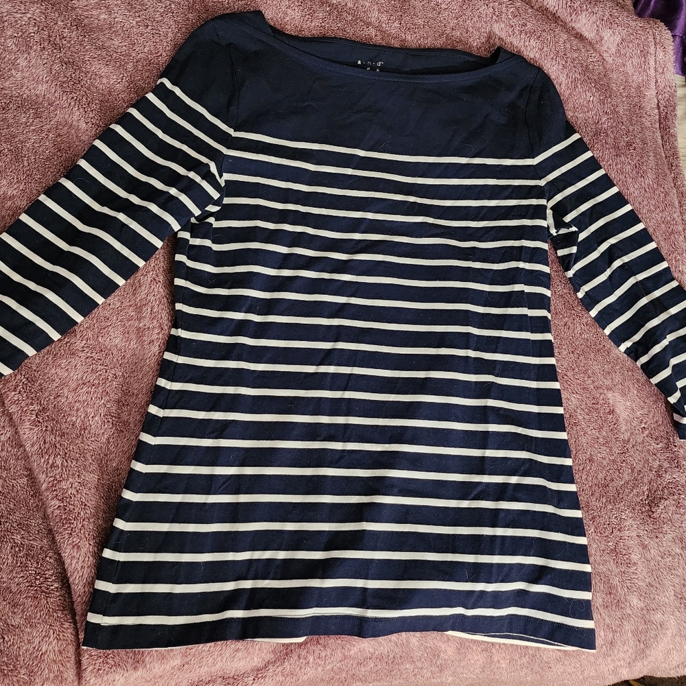 A New Day. Navy Blue and White Stripes Long Sleeve. Size M